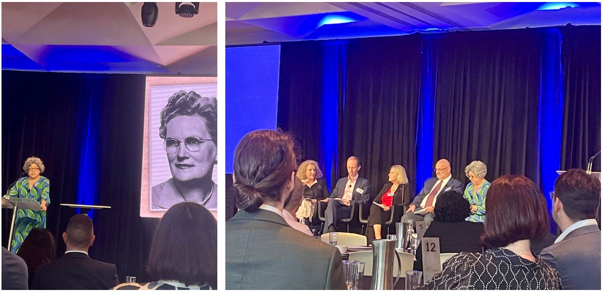 Images of the ACCC Deputy Chair Catriona Lowe introducing the session followed by image of former ACCC Deputies Allan Asher, Delia Rickard, Louise Sylvan and Peter Kell seated for the panel discussion.